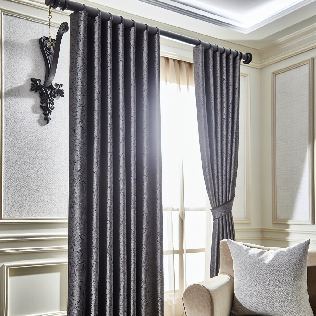 Rideau en tissu gris foncé avec motifs floraux, plis réguliers, tringle noire, dans un salon aux murs crème, éclairage naturel doux.