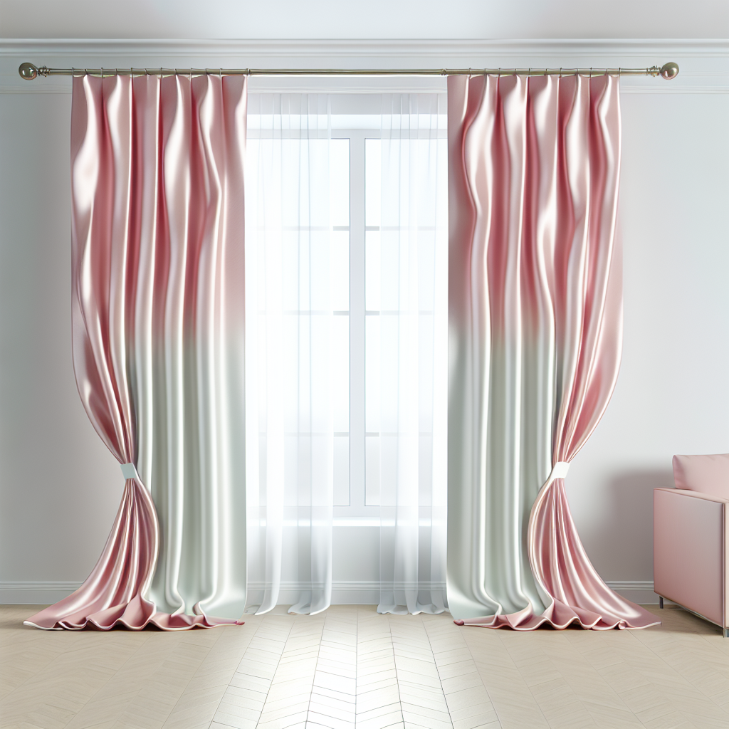 Rideau en satin dégradé rose et blanc avec plis ondulés, tringle argentée, dans un salon lumineux aux murs blancs et parquet clair.