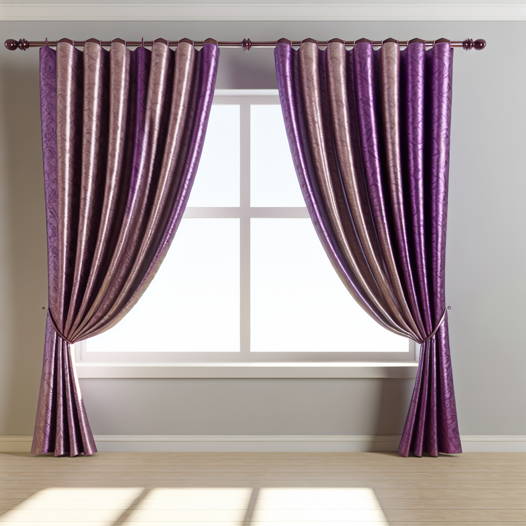 Rideau en tissu violet brillant avec motifs floraux, plis élégants, tringle en bois sombre, dans une pièce aux murs gris et sol en bois c...