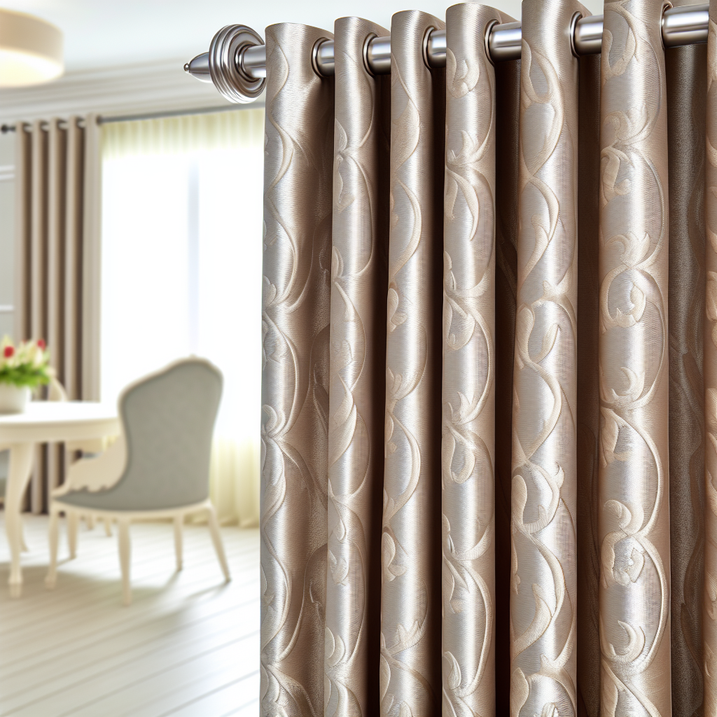 Rideau beige satiné avec motifs floraux en relief, plis réguliers, tringle métallique argentée, dans une pièce lumineuse avec mobilier cl...