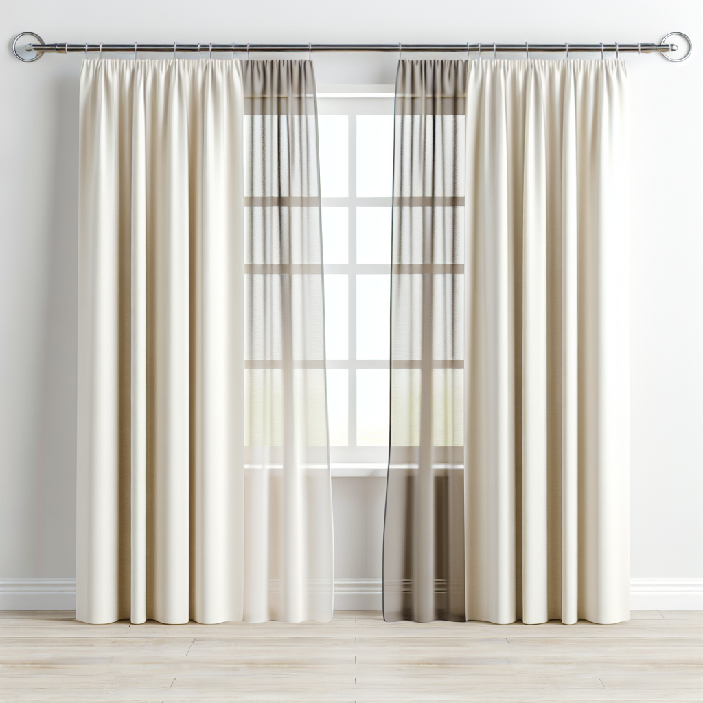 Rideau en tissu crème opaque et voile transparent, plis souples, tringle métallique, devant fenêtre à carreaux, sol en bois clair.