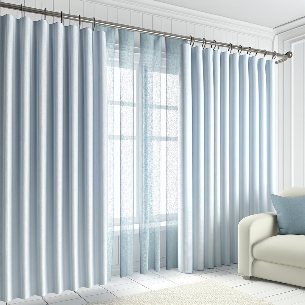 Rideau bleu clair en tissu épais avec plis réguliers, tringle métallique, dans un salon lumineux aux murs blancs et sol carrelé.