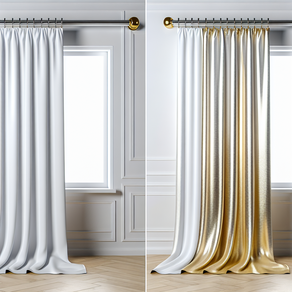 Rideau blanc et doré brillant avec plis fluides, tringle métallique dorée, dans une pièce aux murs blancs et parquet clair.