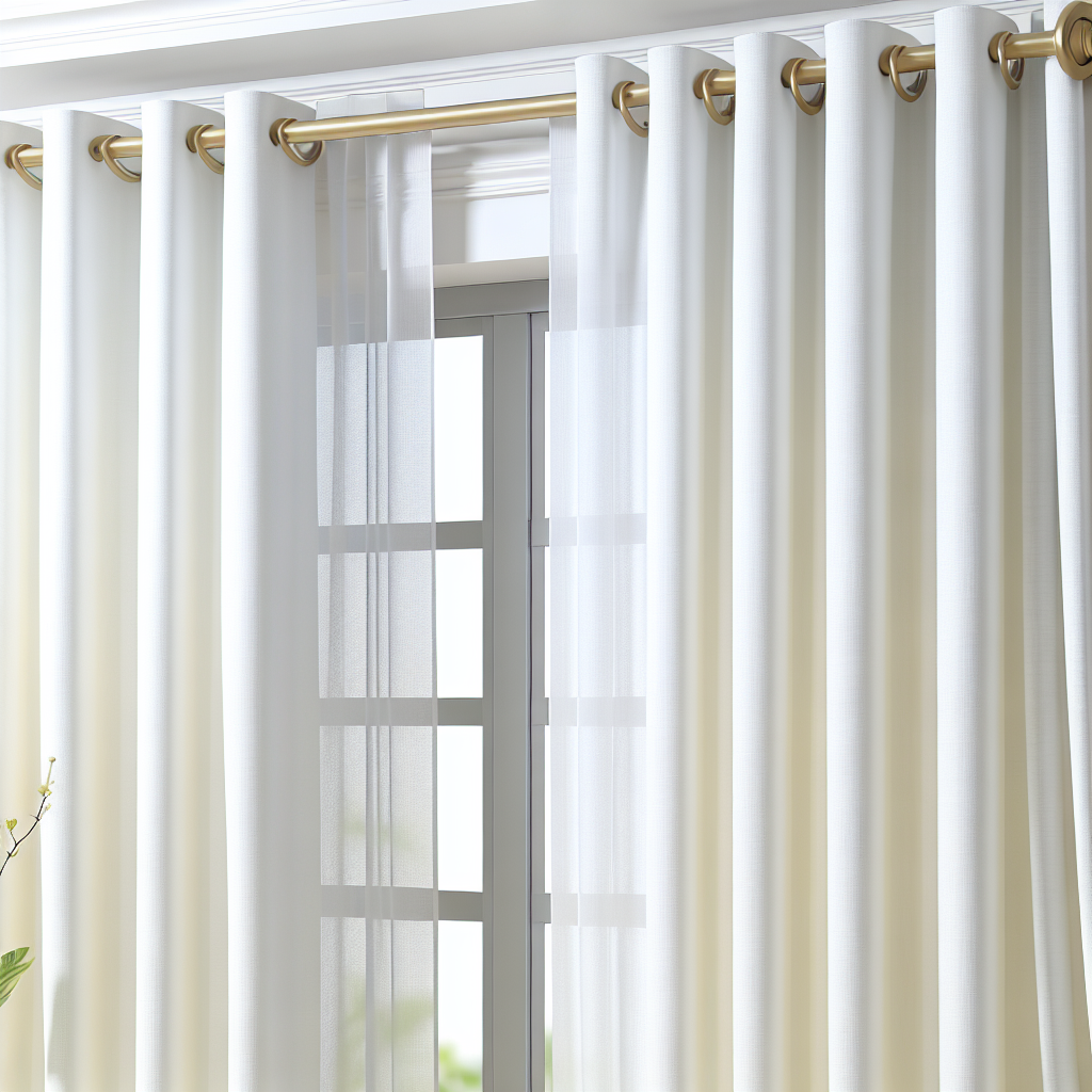 Rideau blanc en tissu léger avec plis réguliers, tringle dorée, lumière naturelle filtrant à travers, fenêtre en arrière-plan.