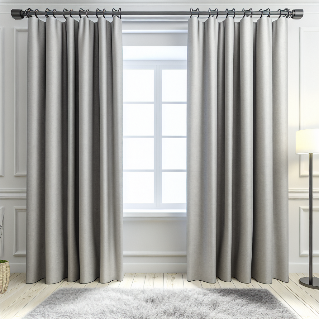 Rideau gris clair en tissu épais avec plis réguliers, suspendu à une tringle métallique dans un salon lumineux avec sol en bois clair.