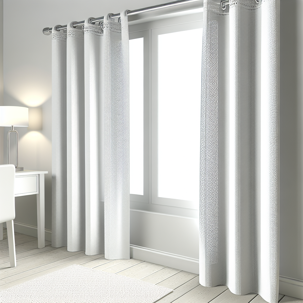 Rideau blanc à motifs discrets, plis droits, tringle métallique, dans une pièce lumineuse avec sol en bois clair et bureau blanc.