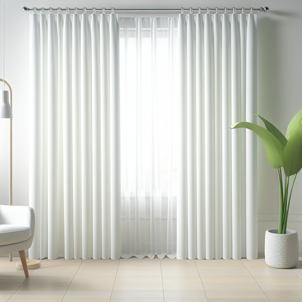 Rideau blanc opaque avec plis réguliers, tringle argentée, dans une pièce lumineuse avec sol en bois clair et plante verte.