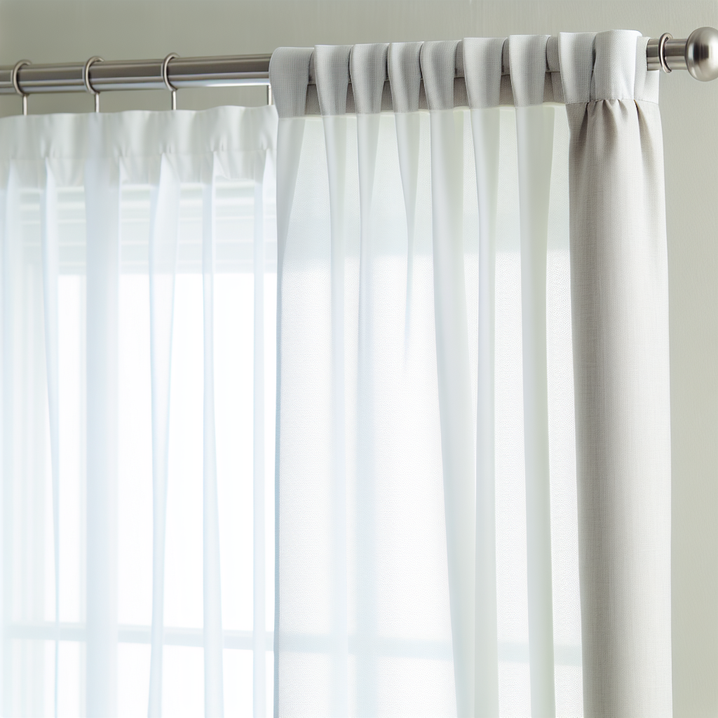 Rideau blanc transparent avec plis réguliers, tringle métallique argentée, lumière naturelle filtrant à travers, mur clair en arrière-plan.