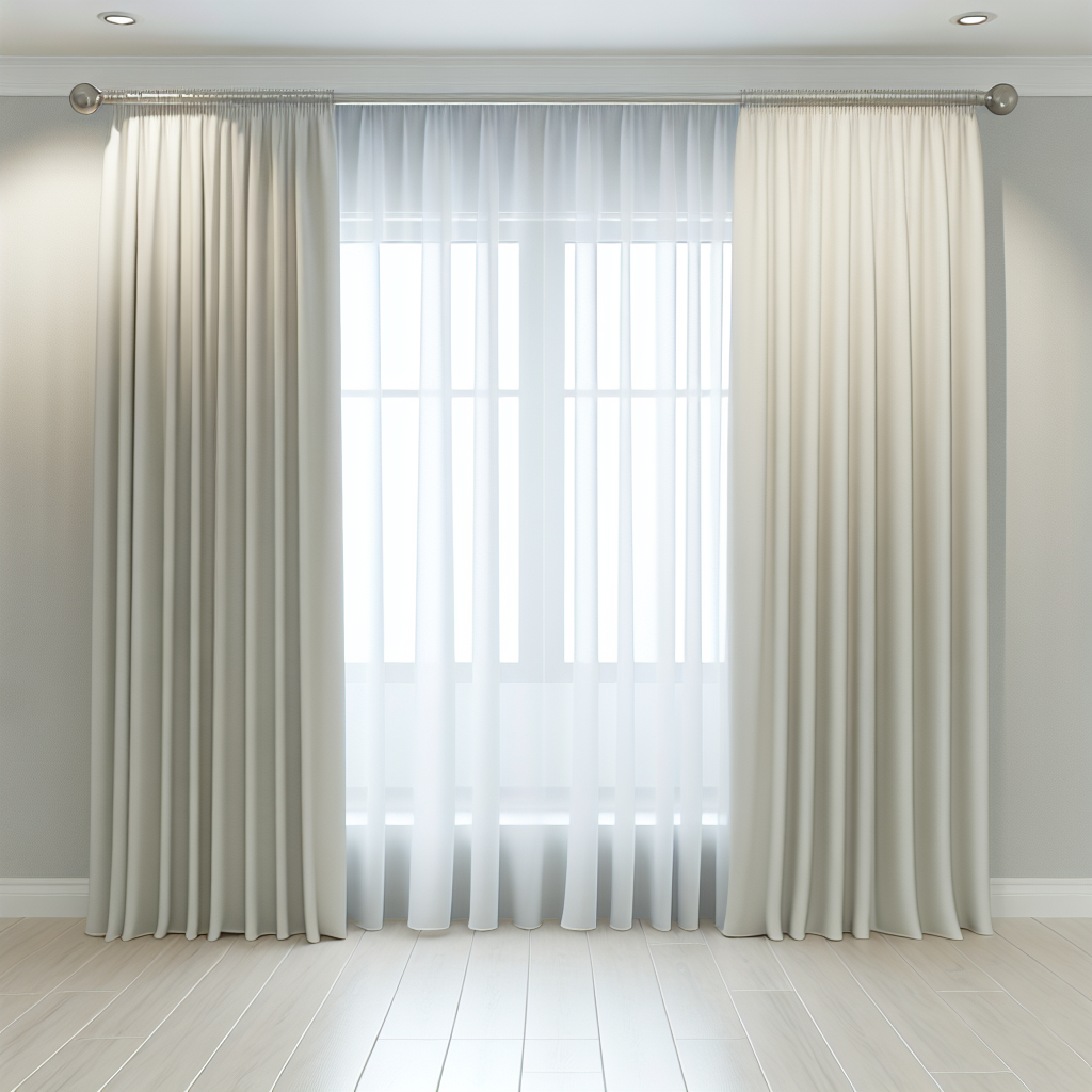 Rideau en tissu épais beige avec plis réguliers, tringle métallique, voilage blanc derrière, dans pièce aux murs gris et sol en bois clair.