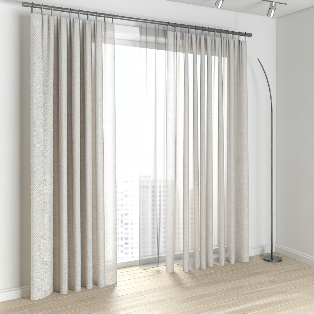Rideau blanc en tissu texturé avec plis réguliers, suspendu à une tringle métallique dans une pièce lumineuse au sol en bois clair.