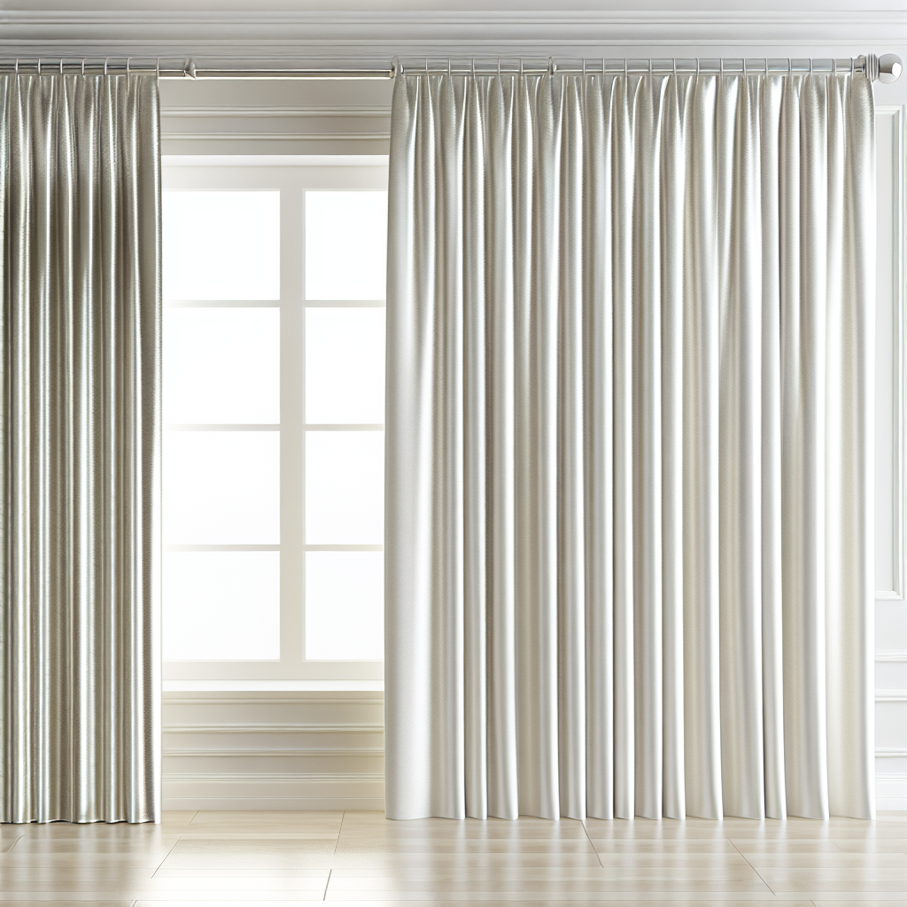 Rideau en tissu blanc brillant avec plis réguliers, suspendu à une tringle métallique dans une pièce lumineuse avec sol en bois clair.