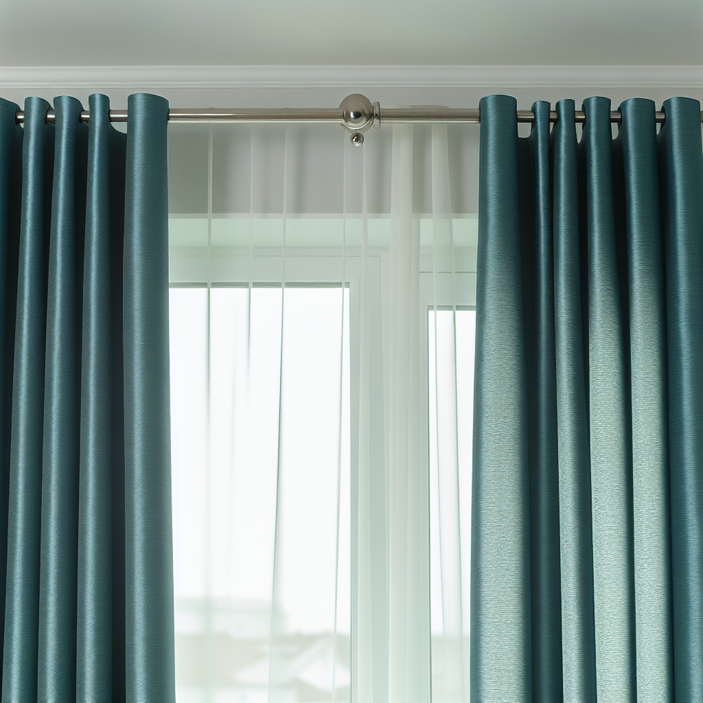Rideau en tissu bleu pétrole avec plis réguliers, tringle métallique argentée, voilage blanc derrière, lumière naturelle filtrant à travers.