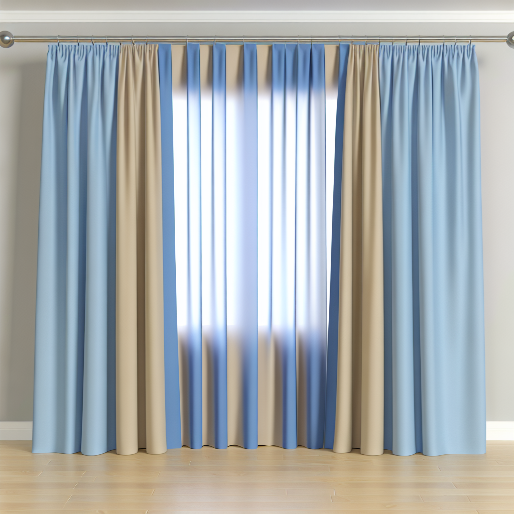 Rideau en tissu bleu et beige avec plis réguliers, tringle métallique, dans une pièce aux murs gris et sol en bois clair, lumière douce.