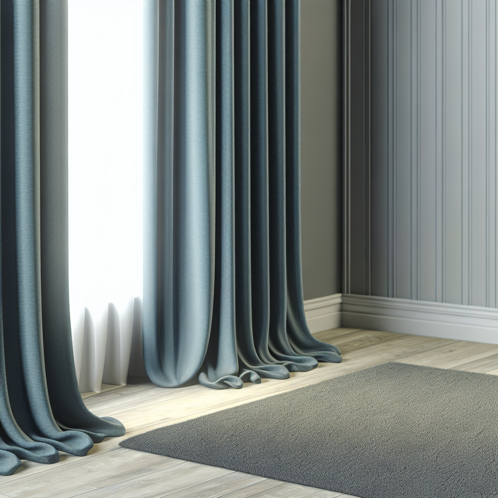 Rideau en tissu bleu-gris épais avec plis ondulés, tringle invisible, dans une pièce aux murs lambrissés gris et sol en bois clair.