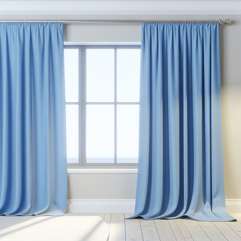 Rideau bleu clair en tissu lisse avec plis droits, suspendu à une tringle métallique dans une pièce lumineuse aux murs et sol clairs.
