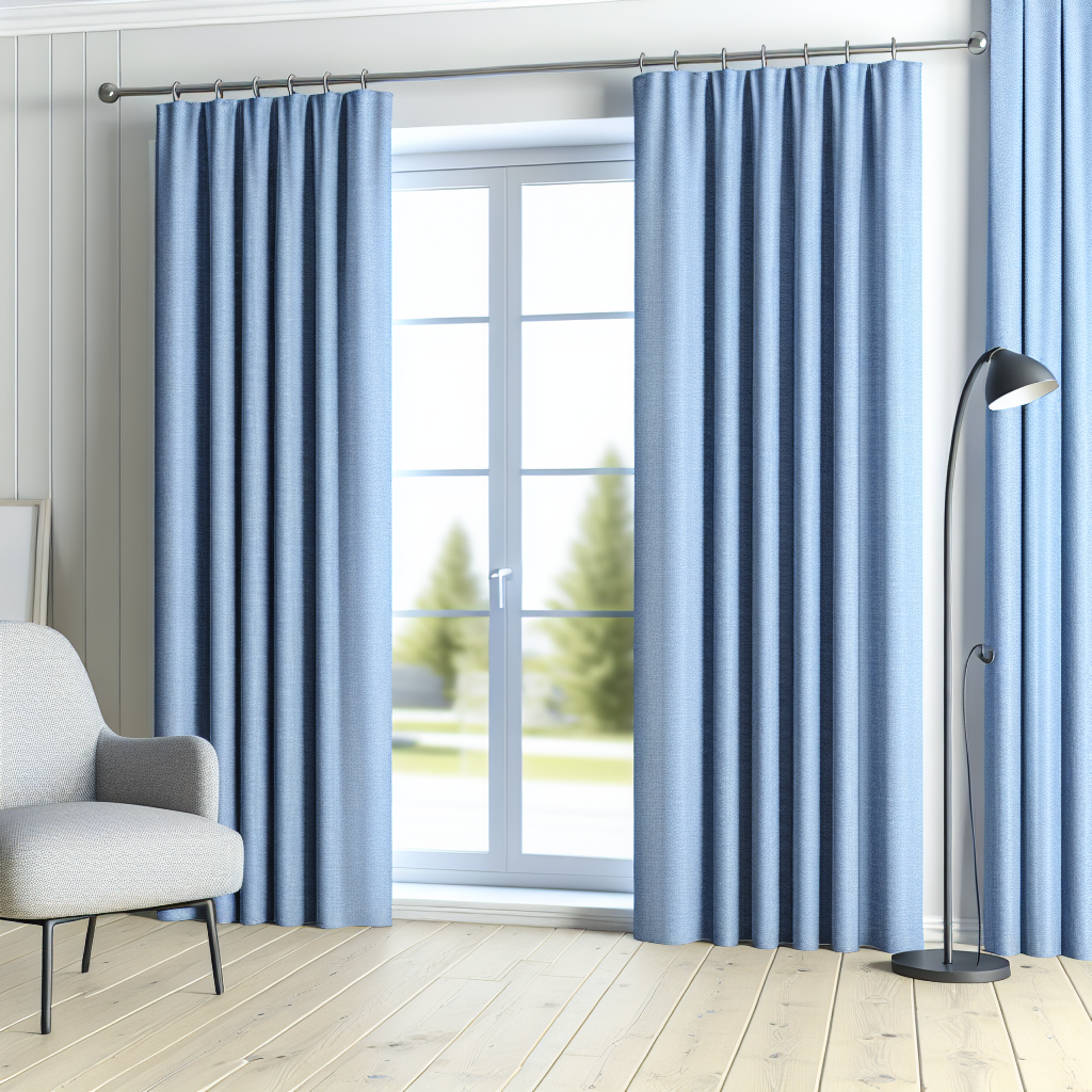 Rideau bleu clair en tissu épais avec plis réguliers, suspendu à une tringle métallique dans un salon lumineux avec sol en bois clair.