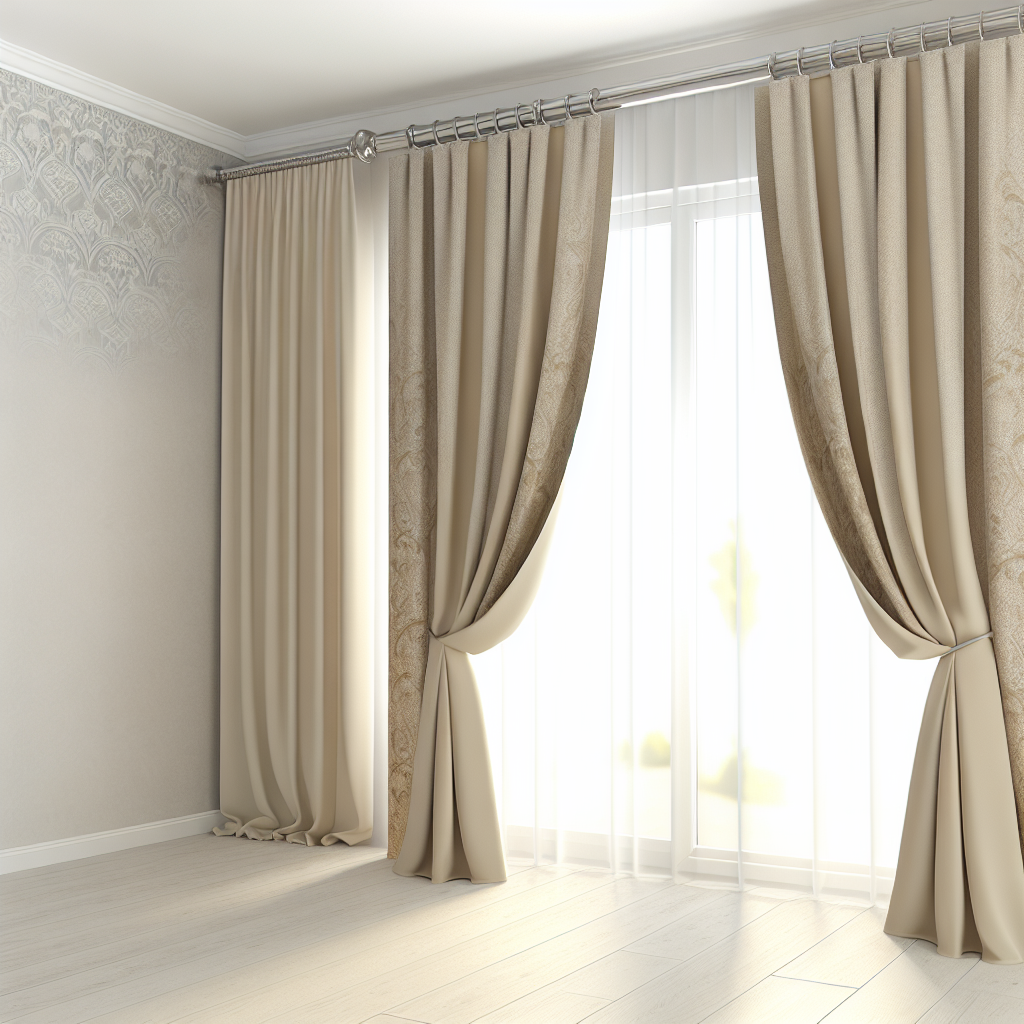 Rideau beige avec motifs discrets, plis élégants, tringle argentée, dans une pièce lumineuse aux murs clairs et parquet en bois clair.