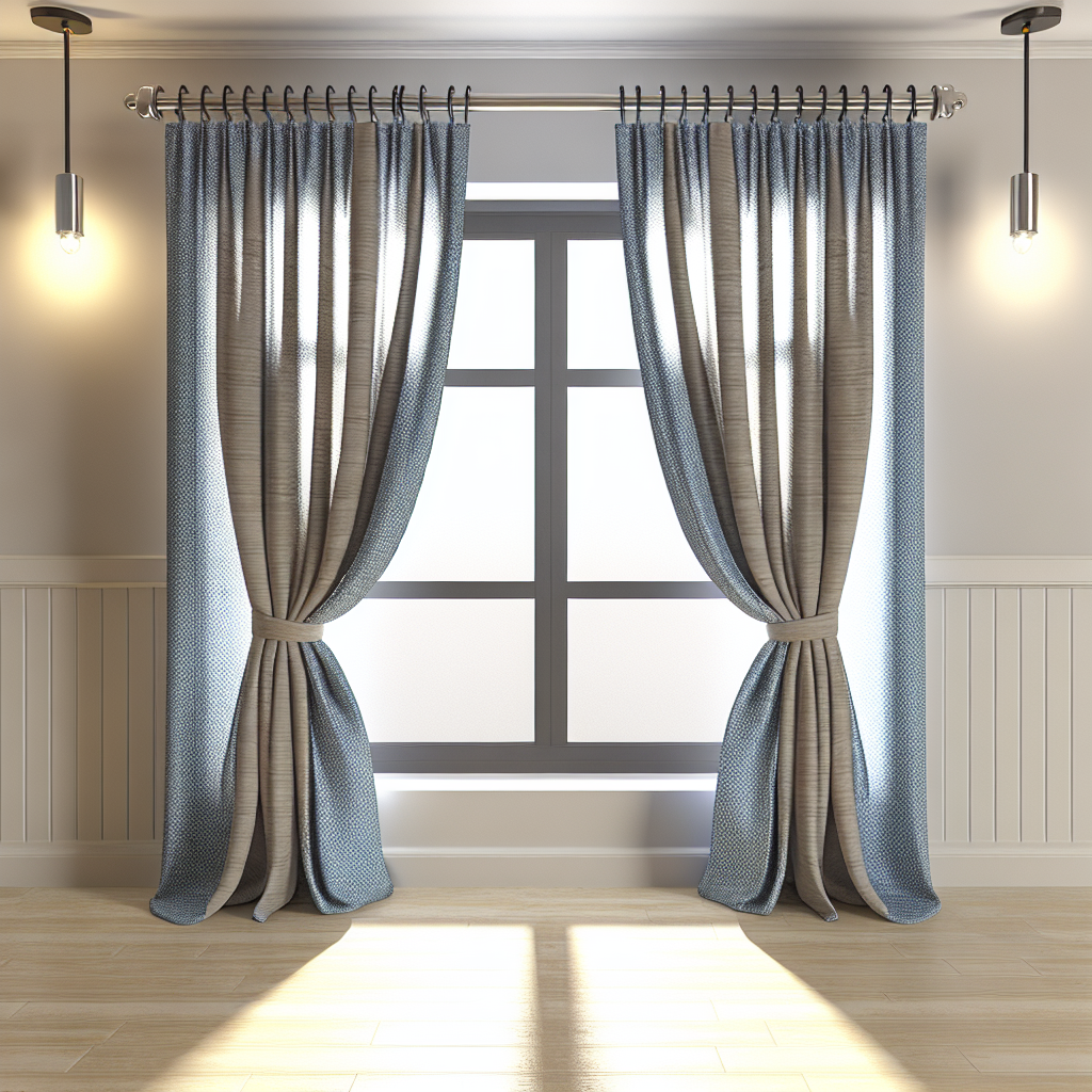 Rideau bleu à motifs texturés, plis marqués, tringle métallique, dans une pièce lumineuse avec murs blancs et parquet clair.