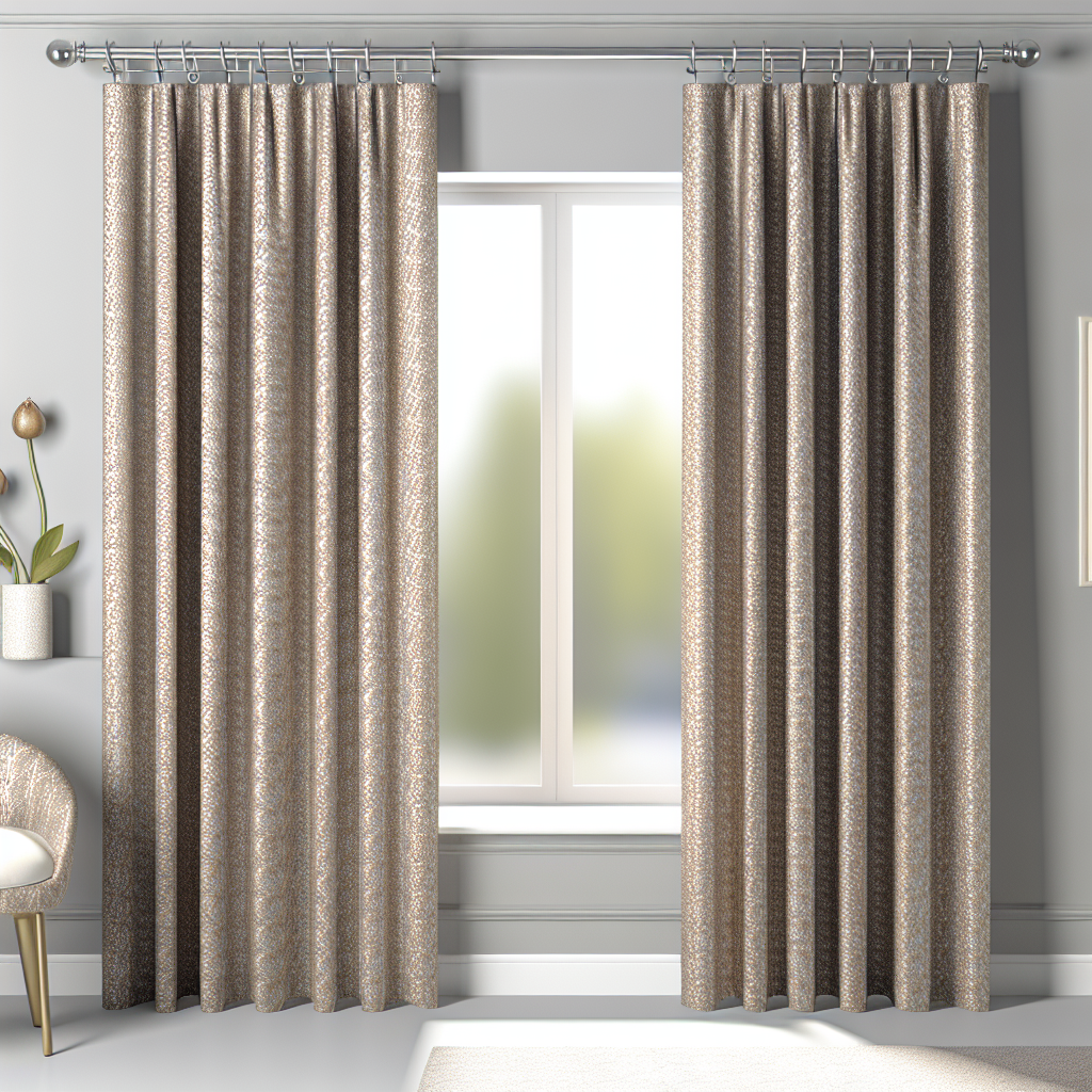 Rideau en tissu texturé beige avec motifs discrets, plis réguliers, tringle métallique, dans une pièce aux murs gris clair et déco minima...