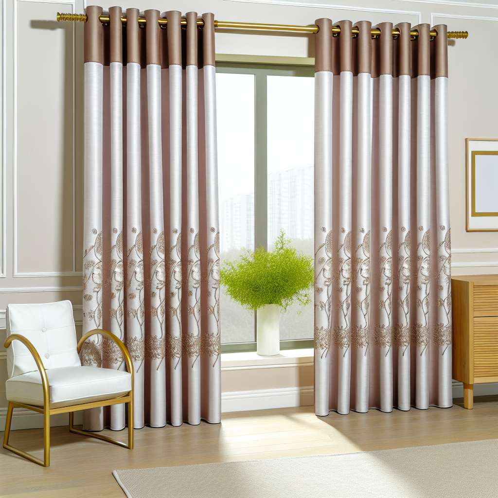 Rideau en tissu satiné beige et marron avec motifs floraux, plis réguliers, tringle dorée, dans un salon lumineux avec chaise blanche.