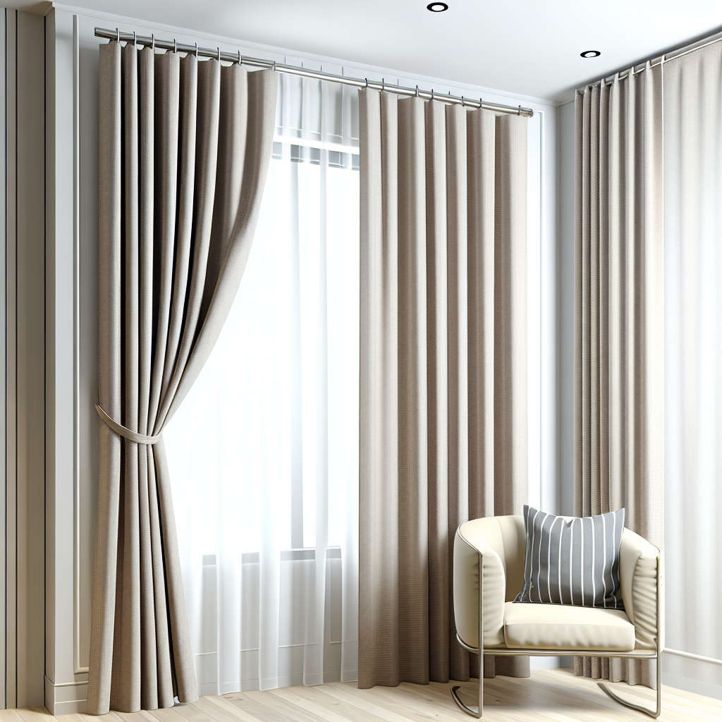 Rideau beige épais avec plis droits, tringle métallique, dans un salon moderne avec fauteuil crème et coussin rayé, lumière naturelle.