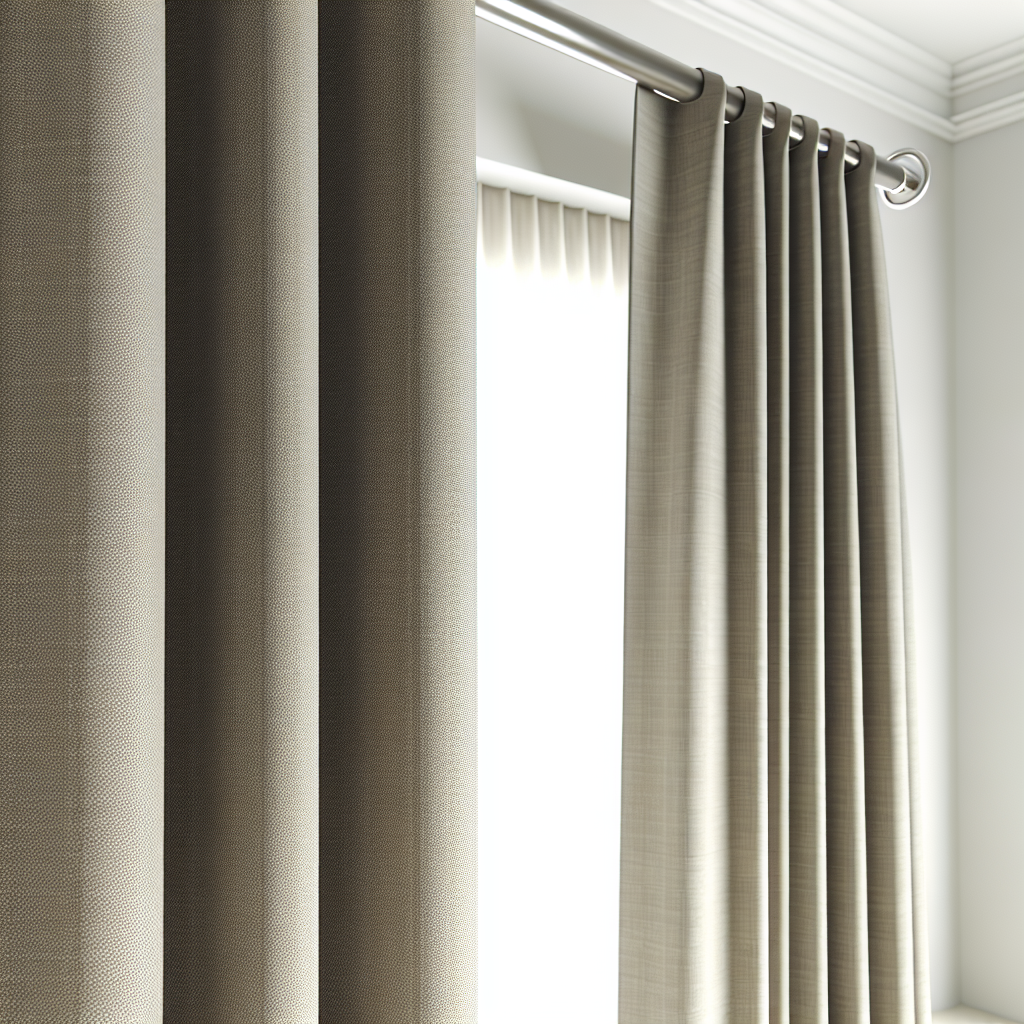 Rideau beige texturé avec plis réguliers, suspendu à une tringle métallique argentée dans une pièce aux murs blancs, lumière naturelle.