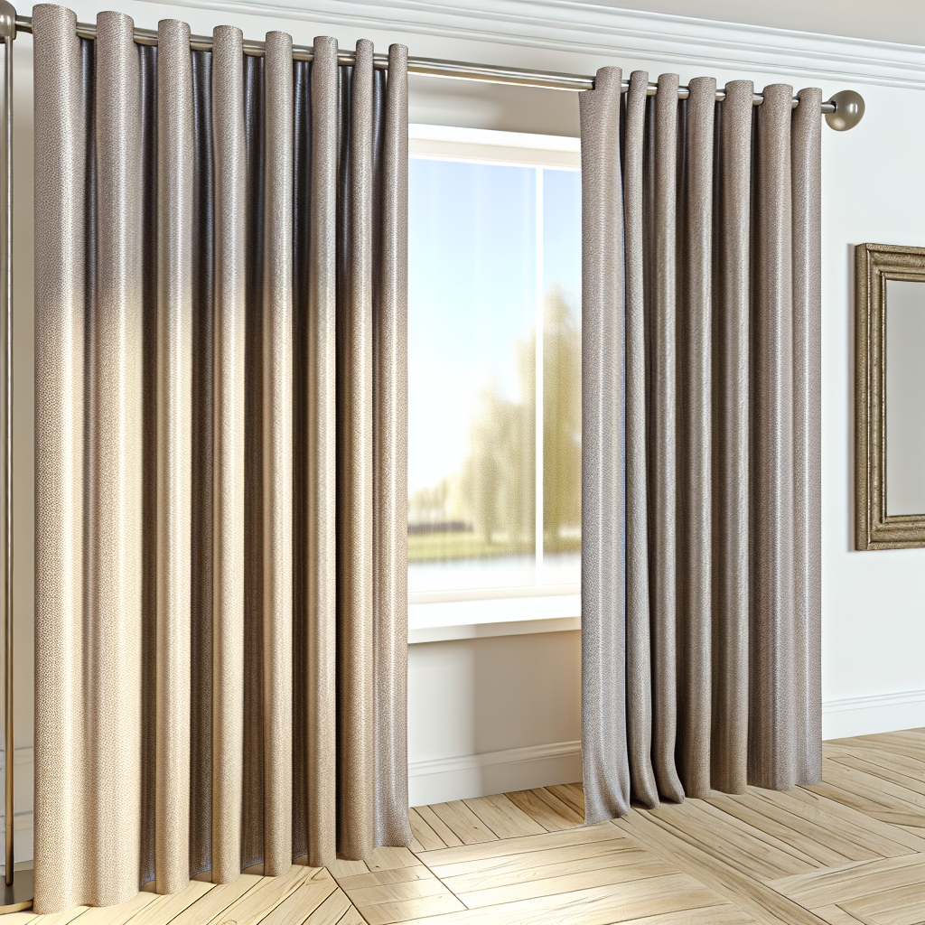 Rideau beige texturé avec plis réguliers, suspendu à une tringle métallique dans une pièce lumineuse avec parquet clair et mur blanc.