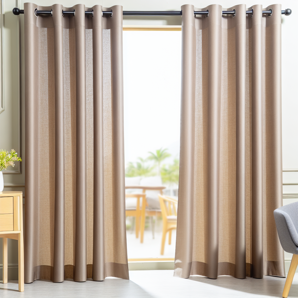 Rideau beige en tissu épais avec plis réguliers, suspendu à une tringle noire dans une pièce lumineuse avec mobilier en bois clair.