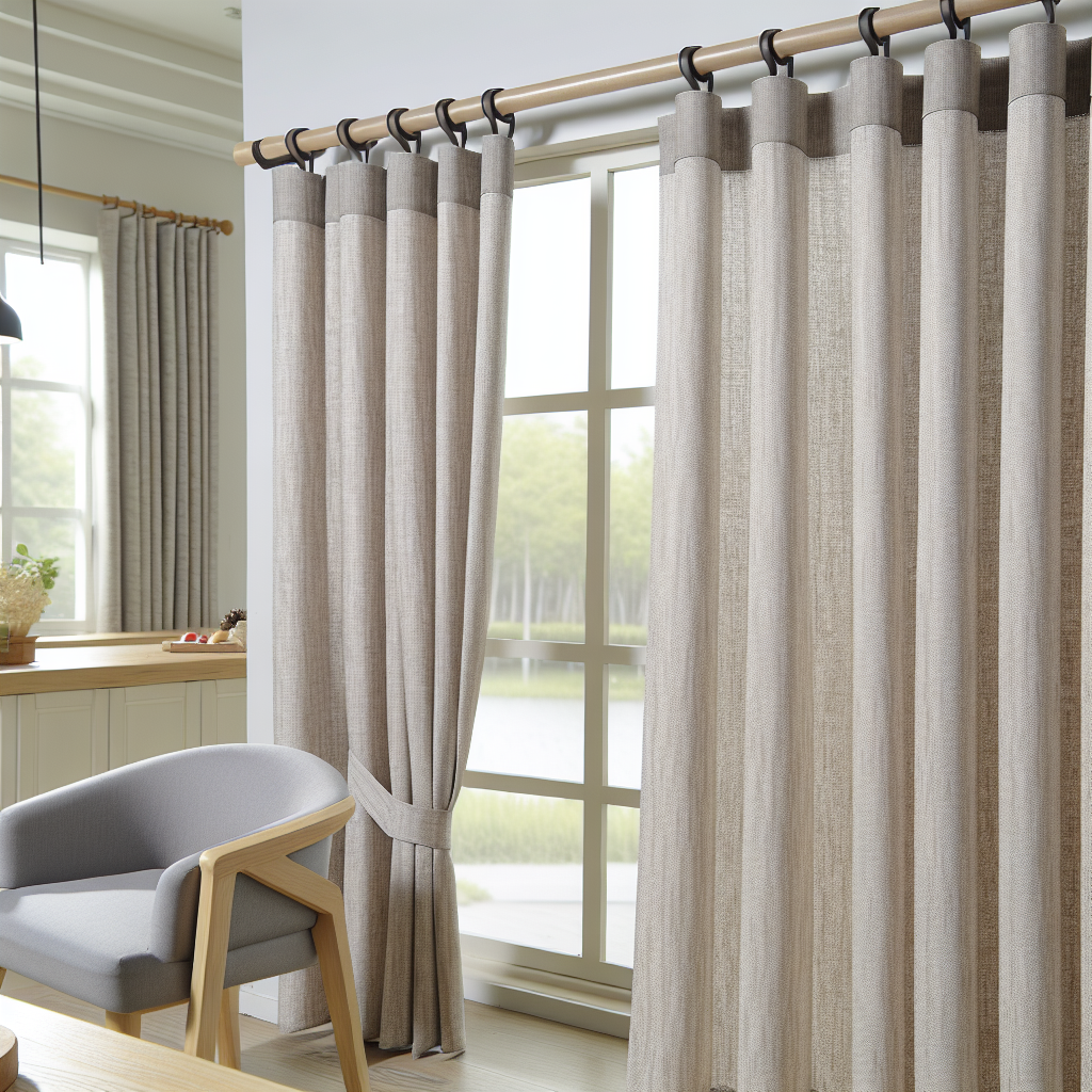 Rideau en lin beige avec bandeau supérieur gris, plis droits, tringle en bois, dans un salon lumineux avec chaise grise et table en bois.