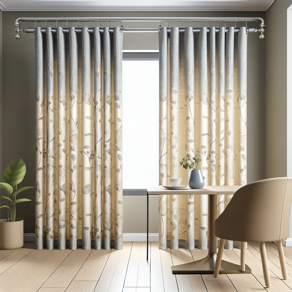Rideau beige à motifs floraux gris, plis réguliers, tringle métallique, dans une pièce avec sol en bois clair et plante en pot.