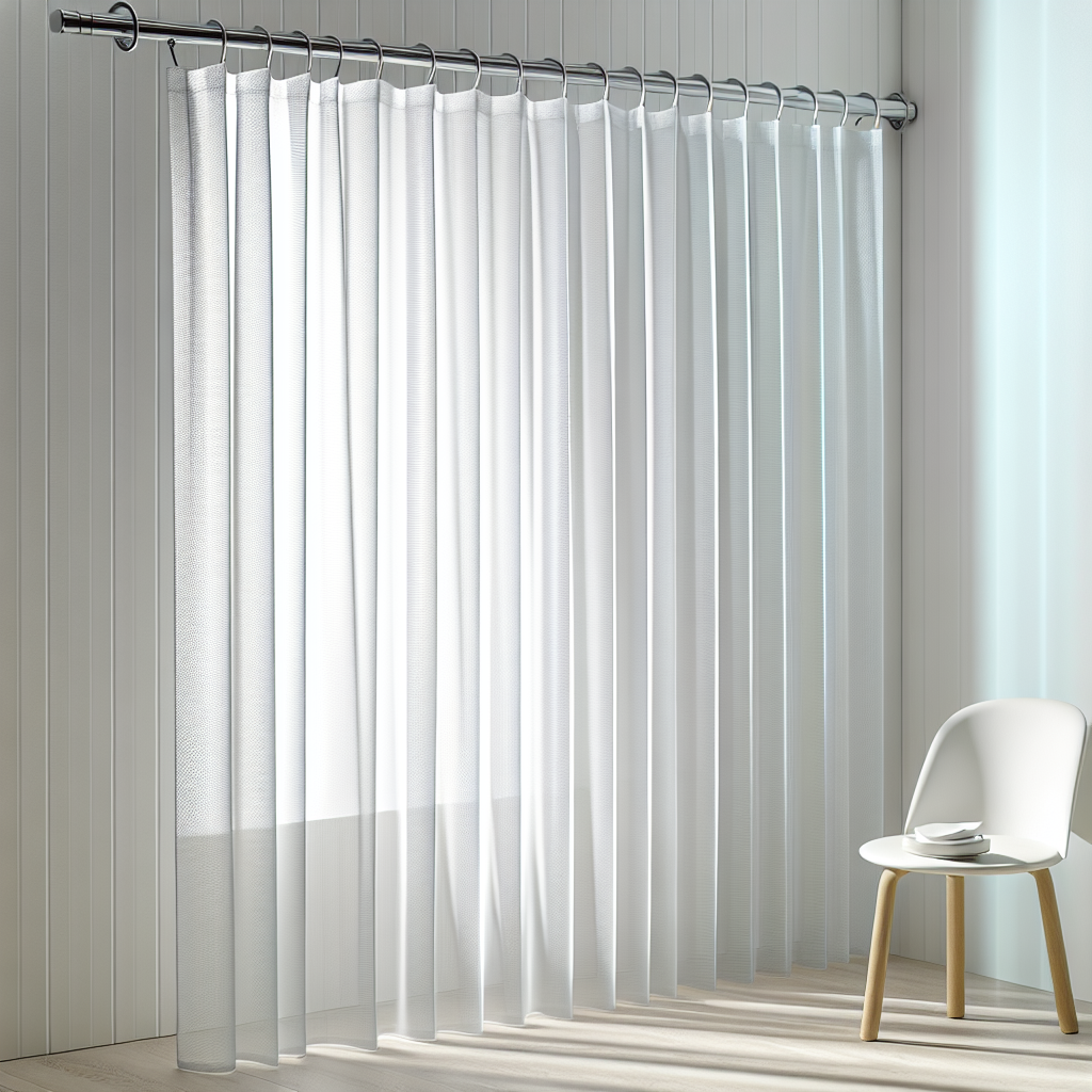 Rideau blanc transparent avec plis réguliers, suspendu à une tringle métallique dans une pièce lumineuse avec murs blancs et chaise moderne.