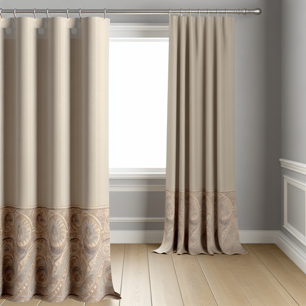 Rideau beige avec motifs paisley en bas, plis droits, tringle métallique, dans une pièce aux murs gris et sol en bois clair.