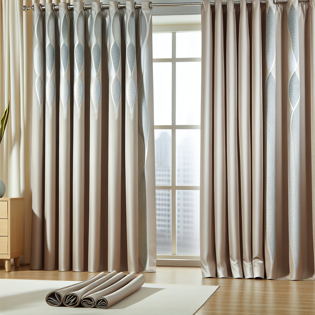 Rideau beige avec motifs géométriques blancs, plis réguliers, tringle métallique, dans une pièce lumineuse avec fenêtre à carreaux.