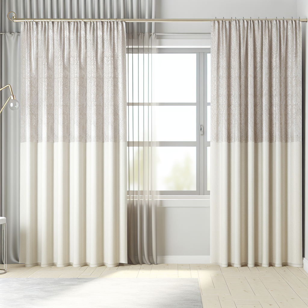 Rideau bicolore beige et blanc avec motifs subtils, plis réguliers, tringle dorée, dans une pièce lumineuse au sol en bois clair.