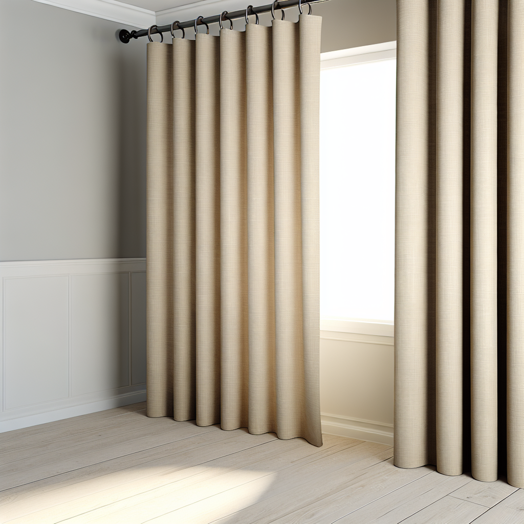Rideau beige clair en tissu texturé avec plis réguliers, suspendu à une tringle noire dans une pièce aux murs gris et sol en bois clair.