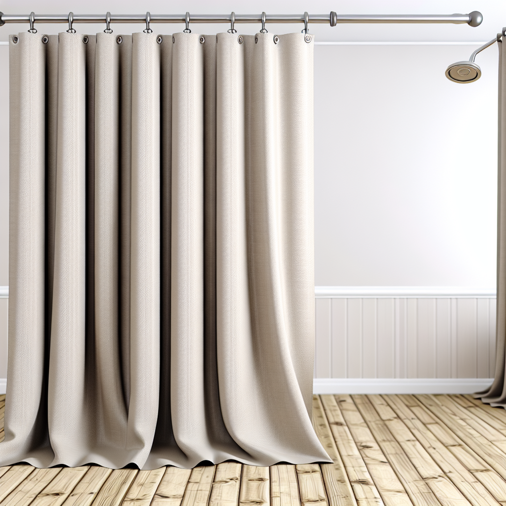 Rideau beige clair en tissu épais avec plis réguliers, suspendu à une tringle métallique dans une pièce aux murs blancs et sol en bois cl...