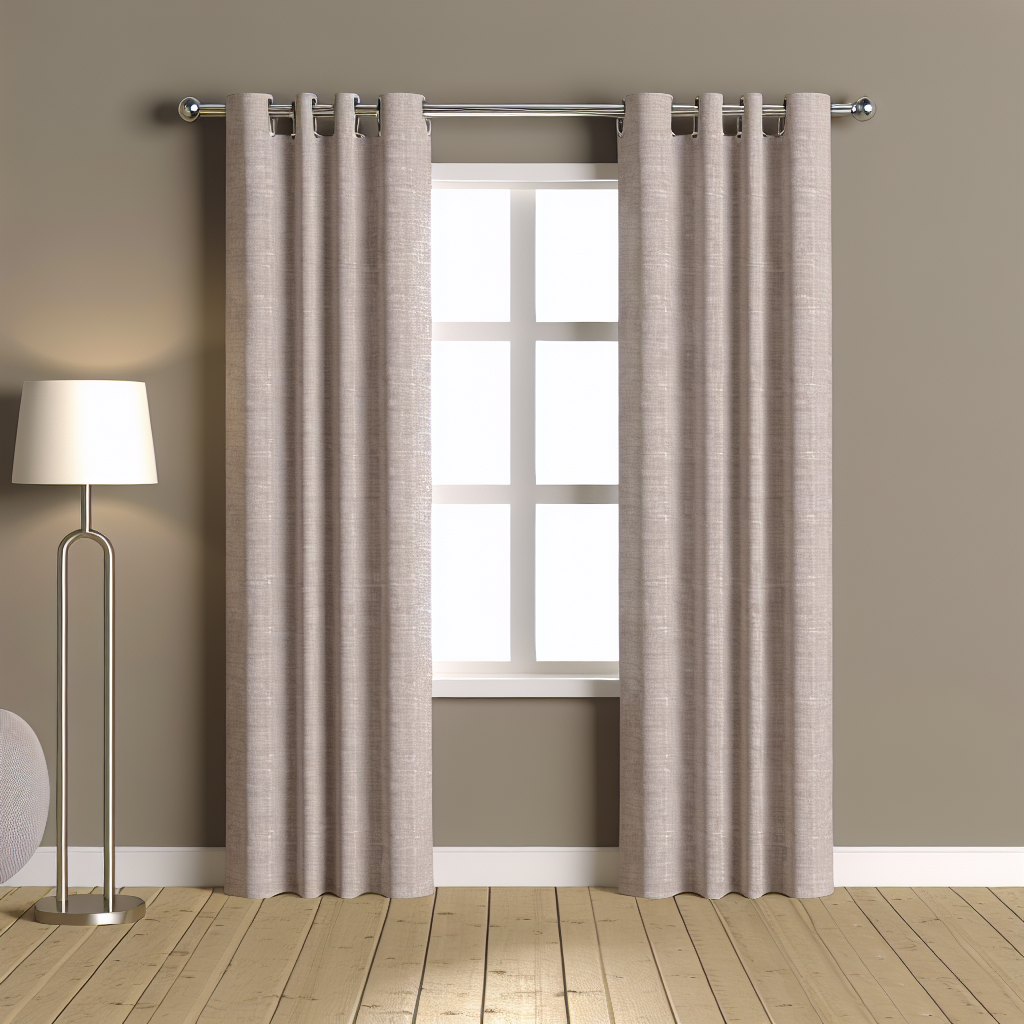 Rideau en tissu beige clair avec texture lin, plis réguliers, tringle métallique, dans une pièce aux murs taupe et sol en bois clair.