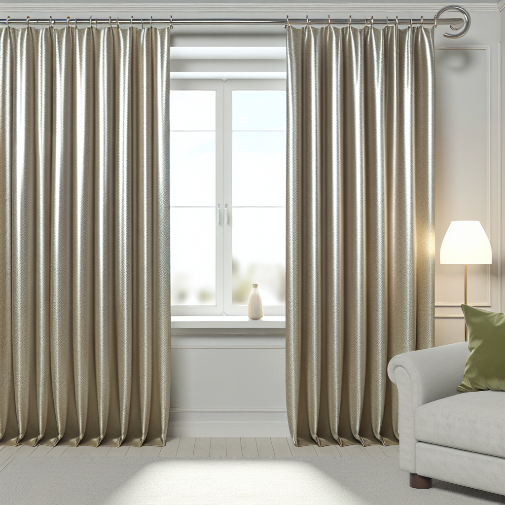Rideau en tissu beige brillant avec plis réguliers, tringle métallique, dans un salon lumineux avec canapé gris et lampe blanche.