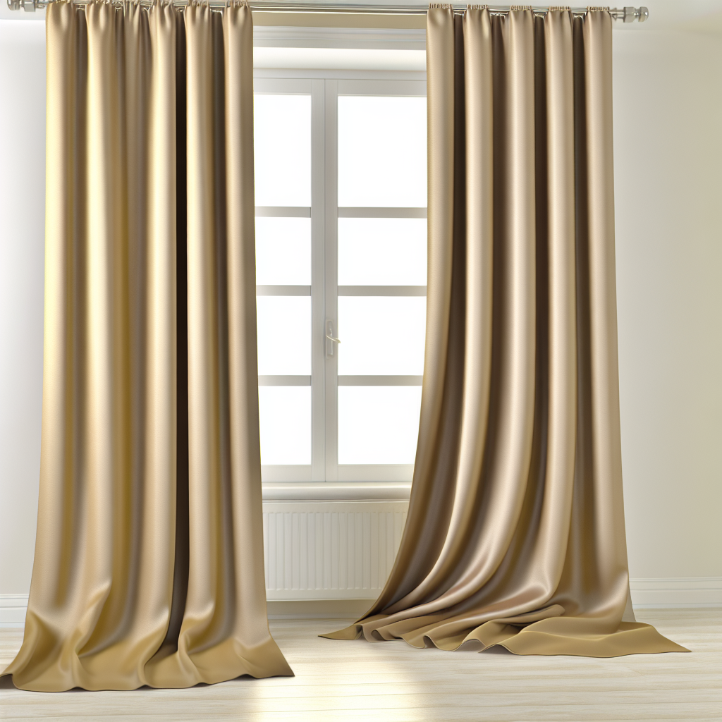 Rideau en satin doré avec plis ondulés, suspendu à une tringle métallique dans une pièce lumineuse aux murs clairs et sol en bois.