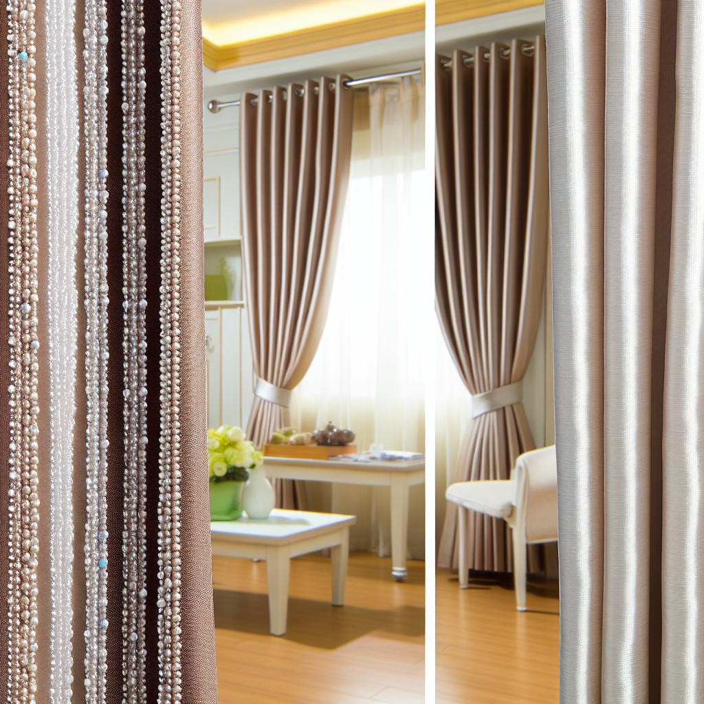Rideau beige satiné avec plis réguliers, tringle métallique, dans un salon lumineux avec sol en bois et meubles blancs.