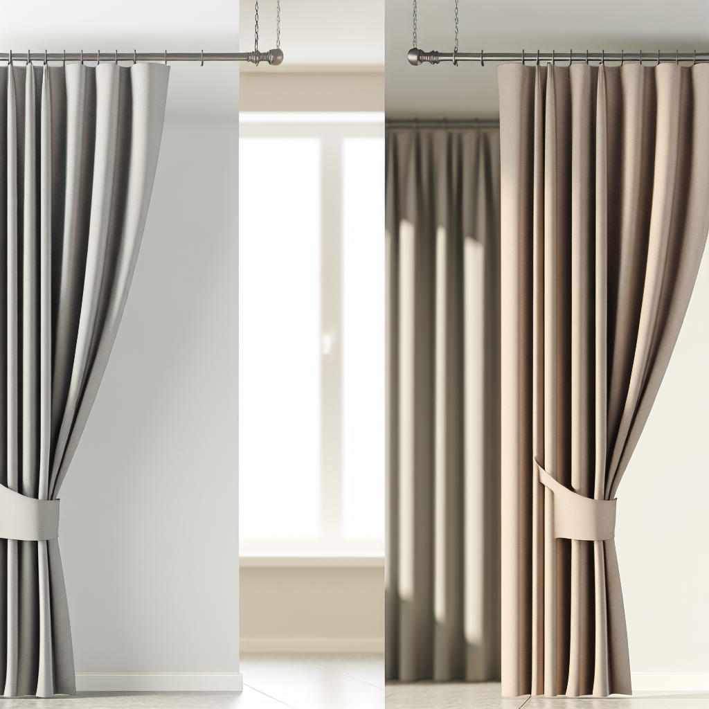 Rideau en tissu gris clair et beige avec plis droits, tringle métallique suspendue, lumière naturelle douce, murs blancs.