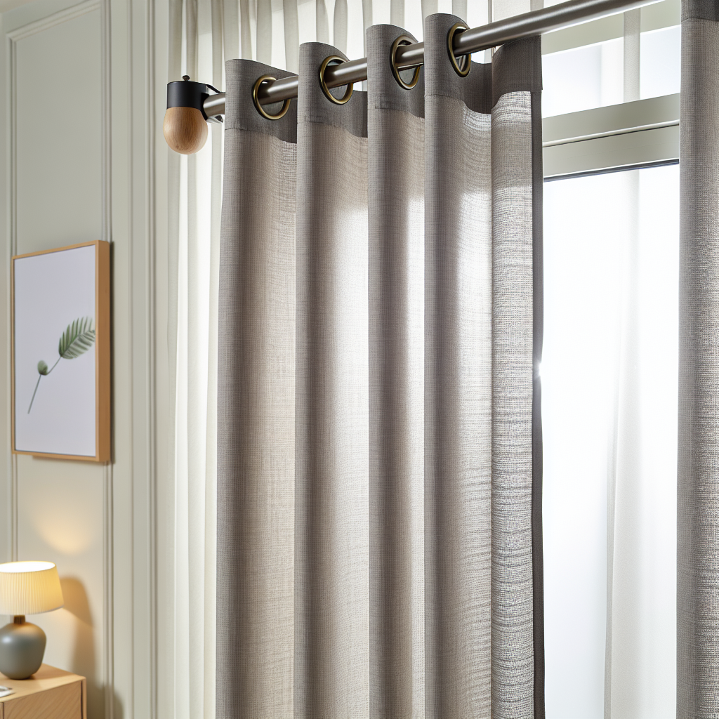 Rideau en tissu gris clair texturé avec plis ondulés, suspendu à une tringle métallique dans une pièce lumineuse avec tableau et lampe.