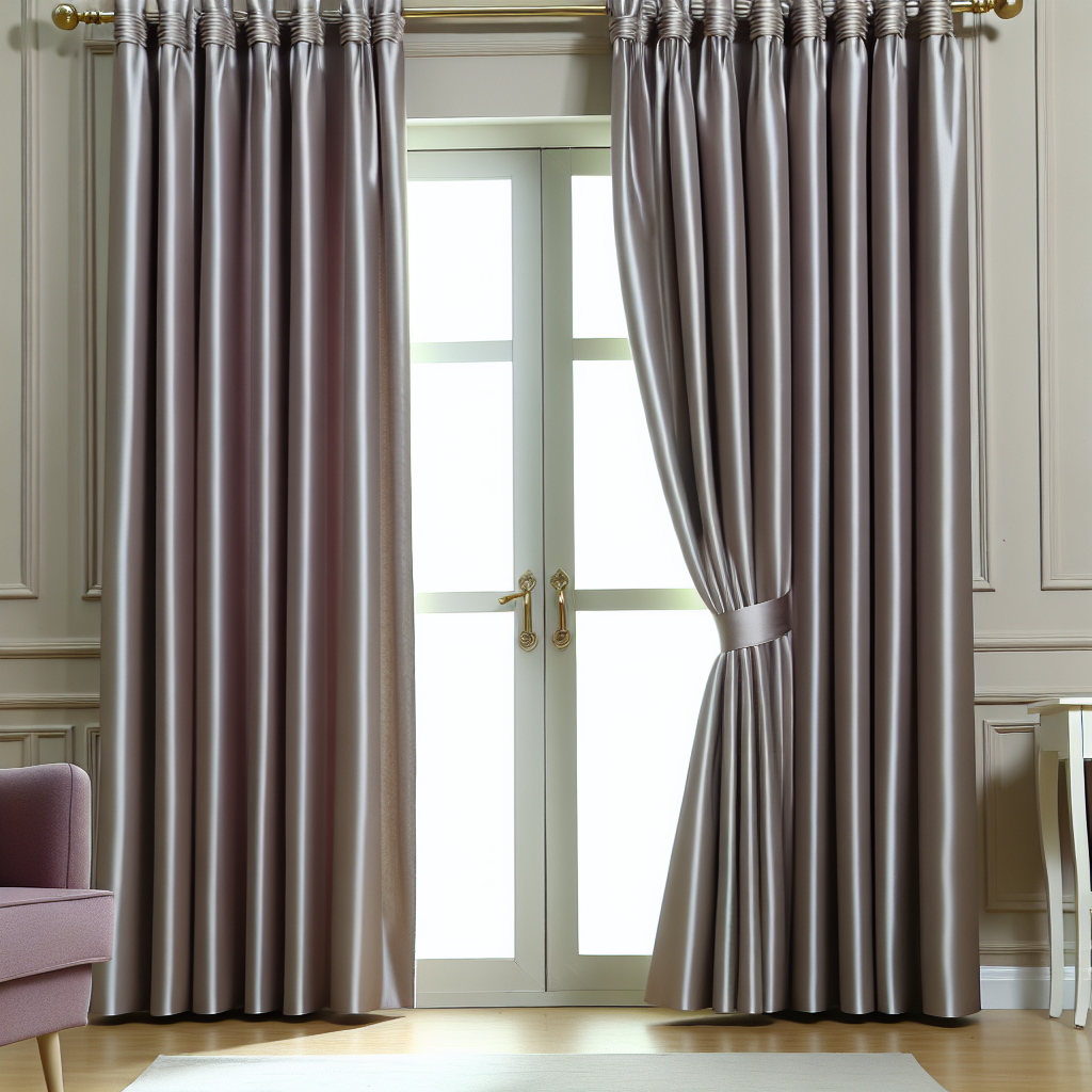 Rideau en satin gris clair avec plis réguliers, tringle dorée, dans un salon aux murs beiges, lumière naturelle filtrant à travers.