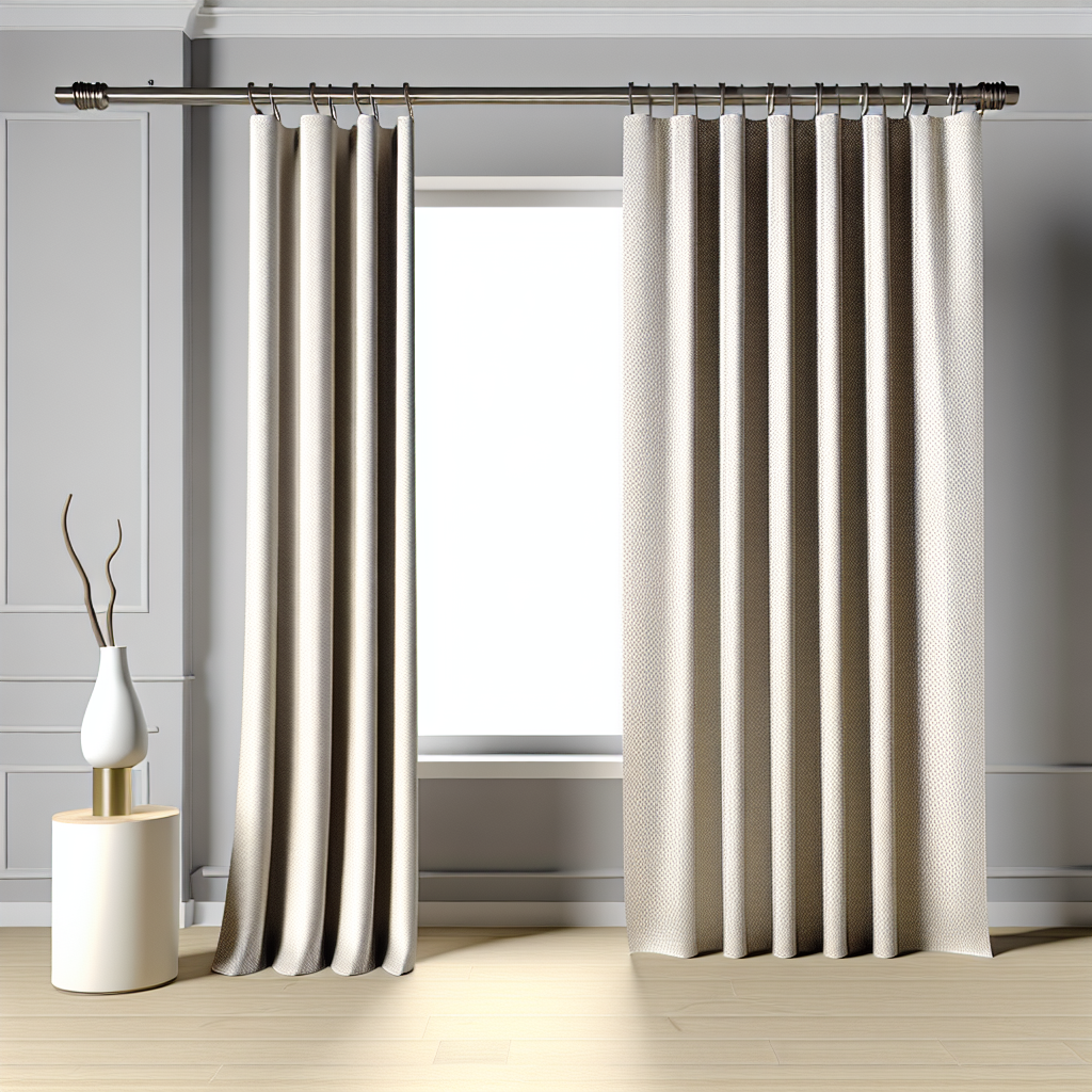 Rideau beige texturé avec plis réguliers, suspendu à une tringle métallique dans une pièce aux murs gris et sol en bois clair.
