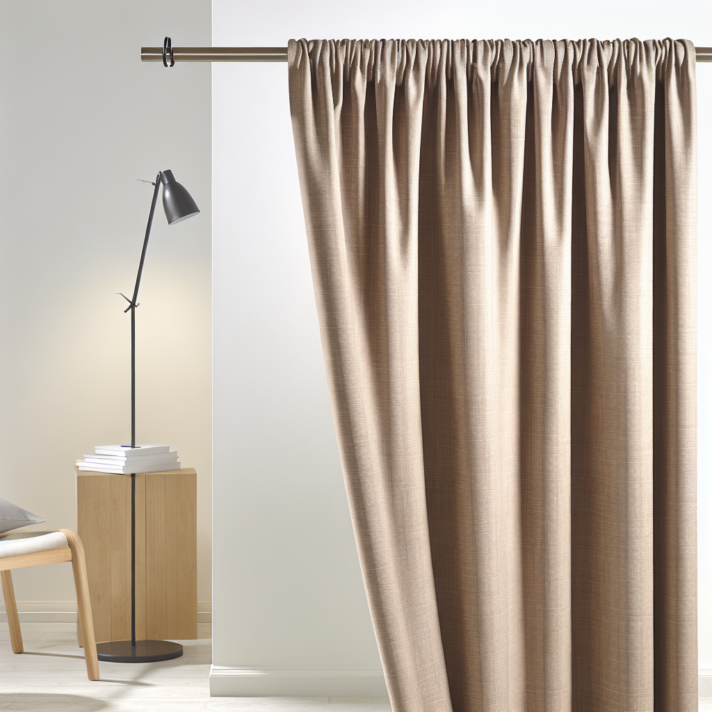 Rideau beige en tissu épais avec plis serrés, suspendu à une tringle métallique dans un salon moderne avec lampe noire et table en bois.