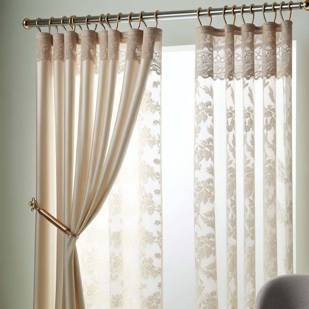 Rideau beige clair avec motifs floraux en dentelle, plis souples, tringle dorée, dans une pièce aux murs verts pâles, lumière douce.