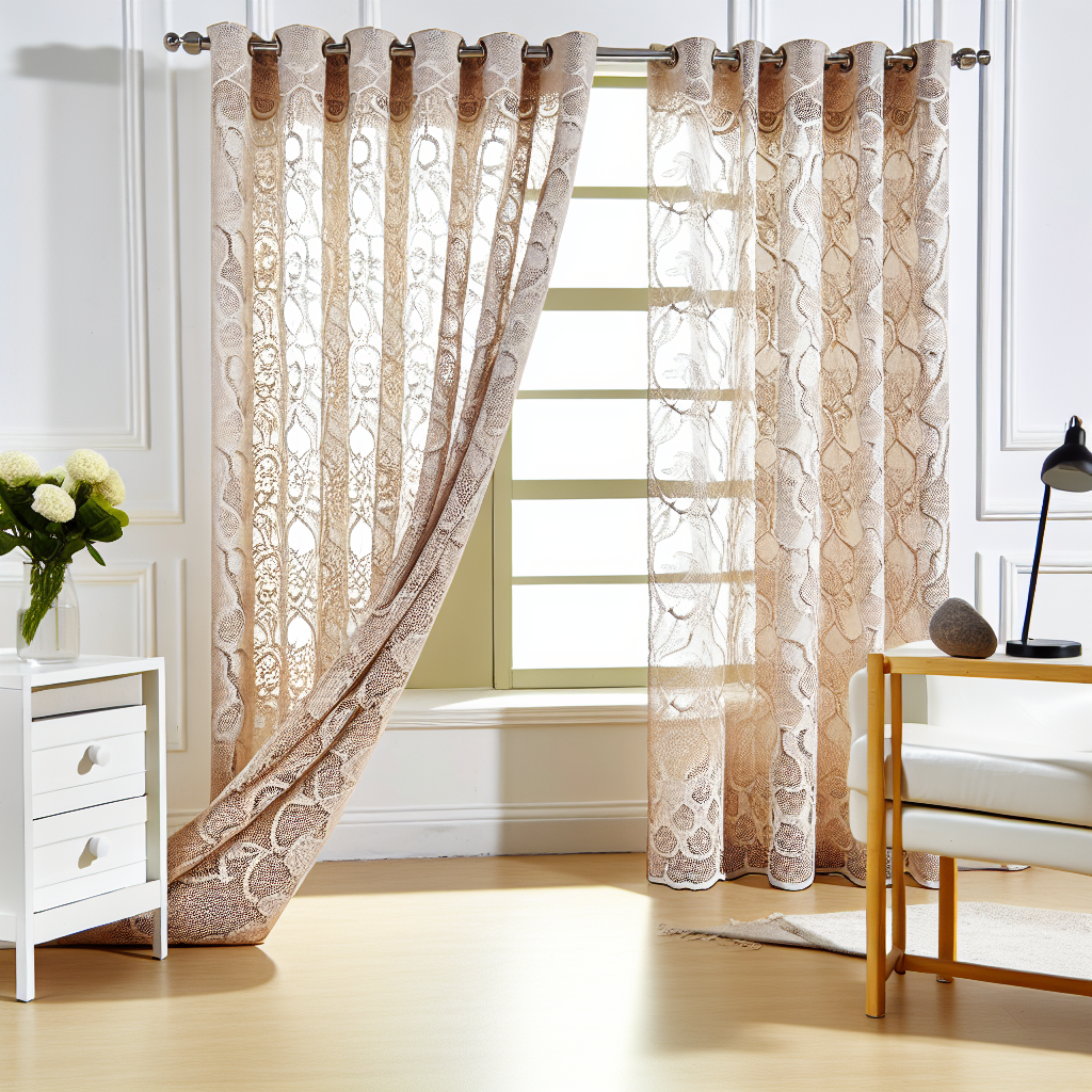 Rideau en dentelle beige avec motifs floraux, plis souples, tringle métallique, dans un salon lumineux aux murs blancs et sol clair.