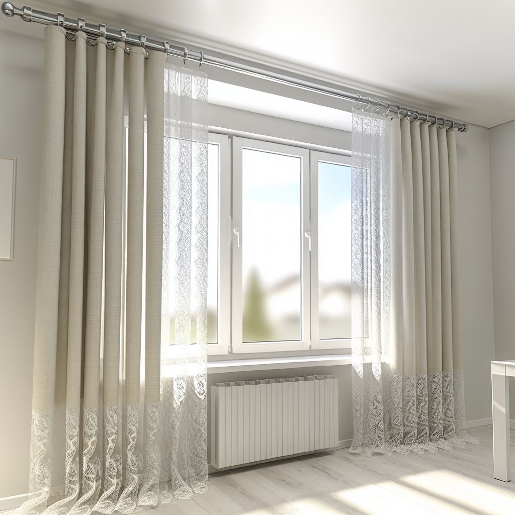 Rideau beige clair avec dentelle blanche, plis réguliers, tringle métallique, dans une pièce lumineuse avec sol en bois clair.