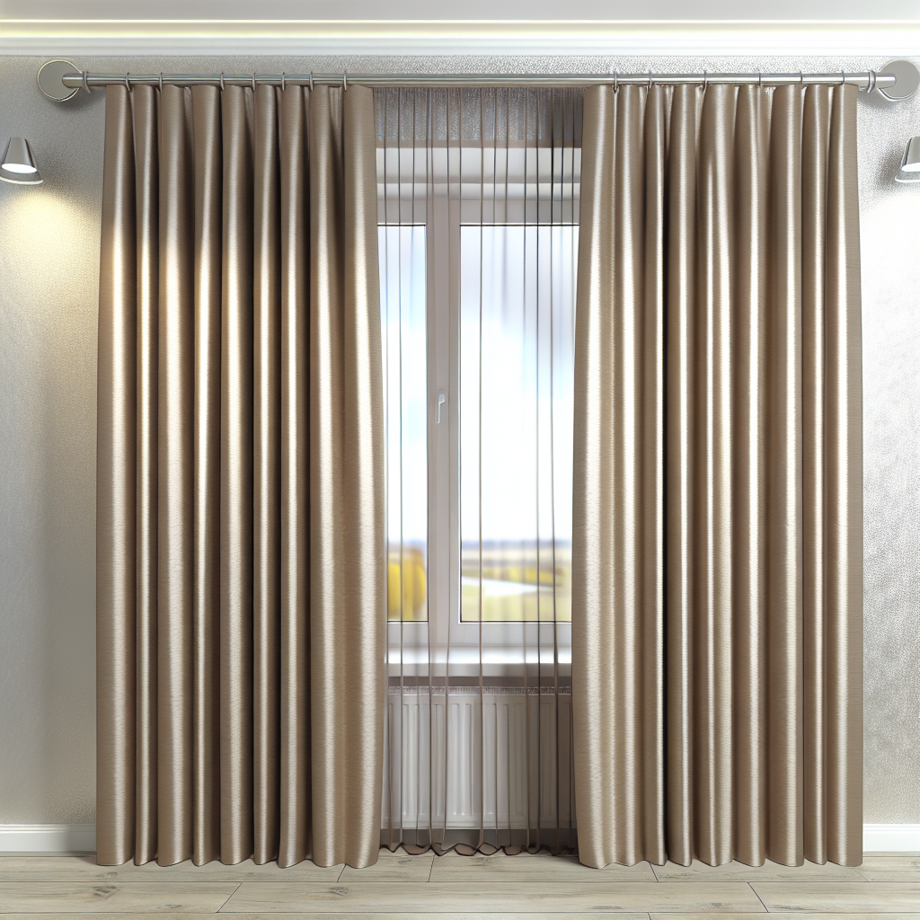 Rideau beige satiné avec plis réguliers, tringle métallique, voilage transparent, éclairage doux, dans une pièce aux murs clairs.