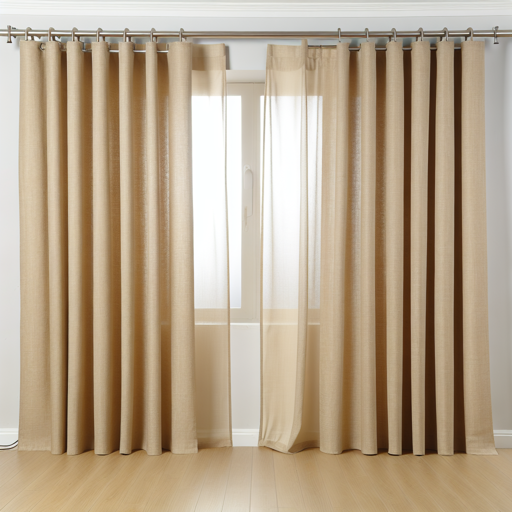 Rideau beige en tissu semi-transparent avec plis réguliers, tringle métallique, dans une pièce au sol en bois clair, lumière douce filtrée.